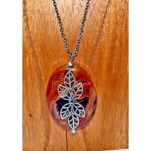 HM Silver Caramel Brown Black Oval Agate Stone Leaf Overlay Statement Necklace
